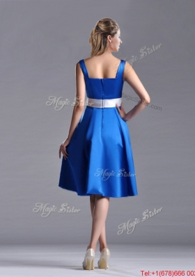 Exquisite Empire Square Taffeta Blue Christmas Party Dress with White Belt