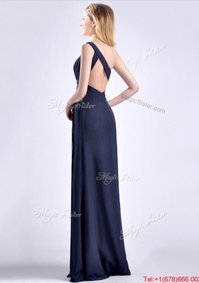 Exquisite One Shoulder Navy Blue Christmas Party Dress with Beading and High Slit