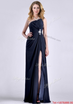 Exquisite One Shoulder Navy Blue Christmas Party Dress with Beading and High Slit