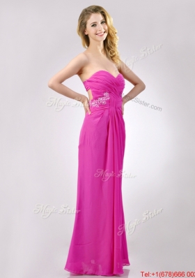 Fashionable Sweetheart Backless Beaded and Ruched Christmas Party Dress in Hot Pink