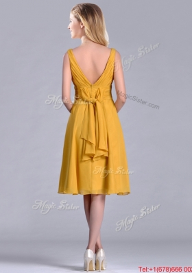 Latest Empire V Neck Ruched Gold Christmas Party Dress in Chiffon