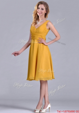 Latest Empire V Neck Ruched Gold Christmas Party Dress in Chiffon