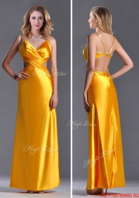 Lovely Beaded Decorated Straps Criss Cross Prom Dress in Gold