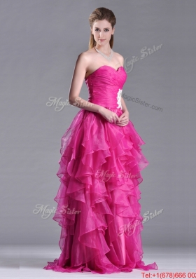 Lovely Brush Train Fuchsia Prom Dress with Appliques and Ruffles