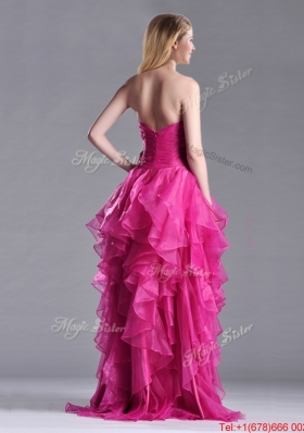 Lovely Brush Train Fuchsia Prom Dress with Appliques and Ruffles