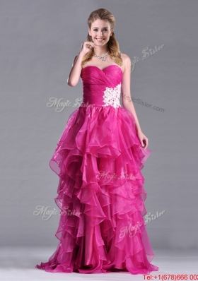 Lovely Brush Train Fuchsia Prom Dress with Appliques and Ruffles