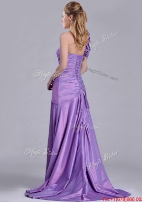 Lovely Brush Train Lilac Prom Dress with Hand Made Flowers Decorated One Shoulder