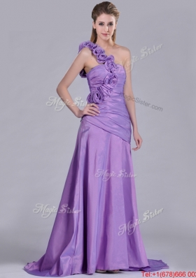 Lovely Brush Train Lilac Prom Dress with Hand Made Flowers Decorated One Shoulder