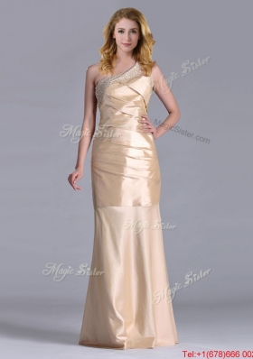 Lovely Column Beaded Decorated One Shoulder Prom Dress in Champagne