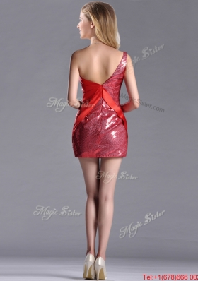 Lovely Column Beaded One Shoulder Red Prom Dress in Sequins