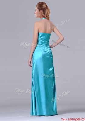 Lovely Column Halter Top Elastic Woven Satin Aqua Blue Prom Dress with Ruching