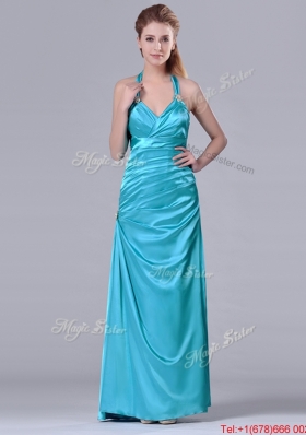 Lovely Column Halter Top Elastic Woven Satin Aqua Blue Prom Dress with Ruching