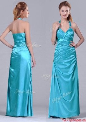 Lovely Column Halter Top Elastic Woven Satin Aqua Blue Prom Dress with Ruching