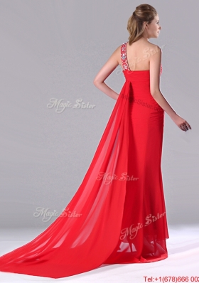 Lovely Column One Shoulder Watteau Train Chiffon Coral Red Prom Dress with Beaded