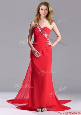 Lovely Column One Shoulder Watteau Train Chiffon Coral Red Prom Dress with Beaded