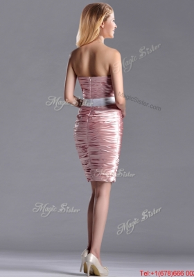 Lovely Column Peach Christmas Party Dress with Ruching and White Belt