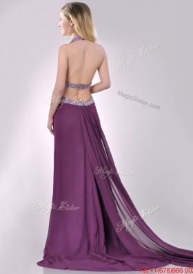 Lovely Cut Out Waist Halter Top Prom Dress with Brush Train