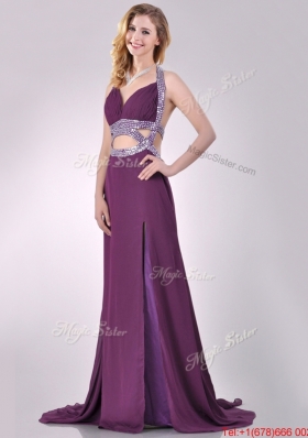 Lovely Cut Out Waist Halter Top Prom Dress with Brush Train