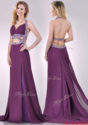 Lovely Cut Out Waist Halter Top Prom Dress with Brush Train