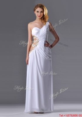 Lovely lCut Out Waist One Shoulder White Prom Dress with Beading