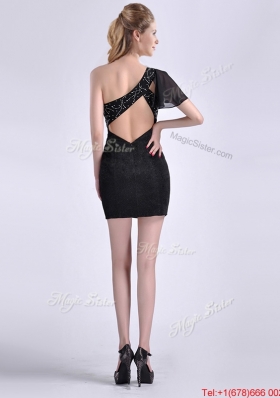 Lovely One Shoulder Black Prom Dress with Beaded Decorated Criss Cross