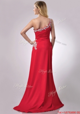 Luxurious Beaded Decorated One Shoulder and High Slit Christmas Party Dress with Brush Train