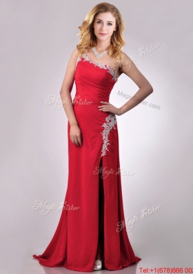 Luxurious Beaded Decorated One Shoulder and High Slit Christmas Party Dress with Brush Train