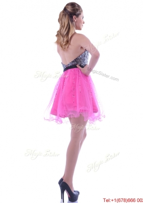 Modern Sequined Decorated Bodice Organza Hot Pink Prom Dress with Backless