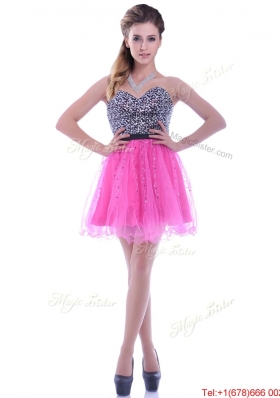 Modern Sequined Decorated Bodice Organza Hot Pink Prom Dress with Backless