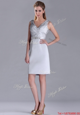 Modern V Neck Belted with Beading Christmas Party Dress in Silver