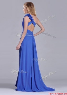 Modest Beaded and Applique Criss Cross Prom Dress with Brush Train