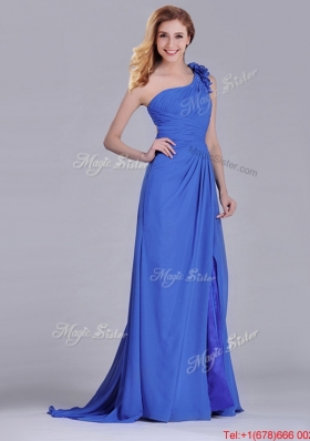 Modest Beaded and Applique Criss Cross Prom Dress with Brush Train