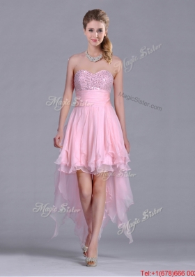 New Arrivals Beaded Bust High Low Chiffon Christmas Party Dress in Baby Pink