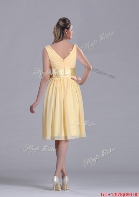 New Arrivals V Neck Bowknot Chiffon Short Christmas Party Dress in Yellow