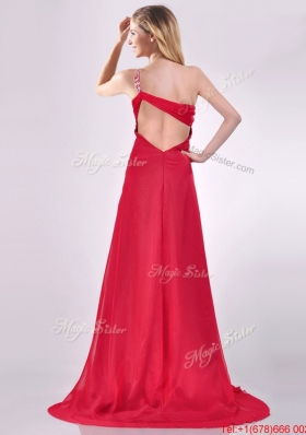 New Beaded Decorated One Shoulder Red Christmas Party Dress with Brush Train