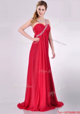 New Beaded Decorated One Shoulder Red Christmas Party Dress with Brush Train