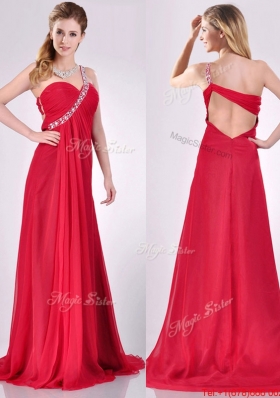 New Beaded Decorated One Shoulder Red Christmas Party Dress with Brush Train