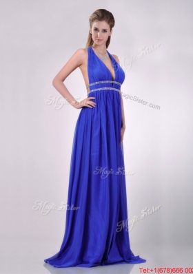 New Halter Top Blue Backless Christmas Party Dress with Beading and High Slit