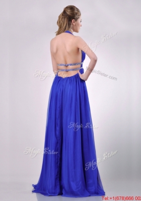 New Halter Top Blue Backless Christmas Party Dress with Beading and High Slit