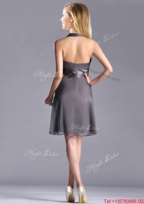 Romantic Chiffon Halter Top Knee Length Christmas Party Dress in Grey