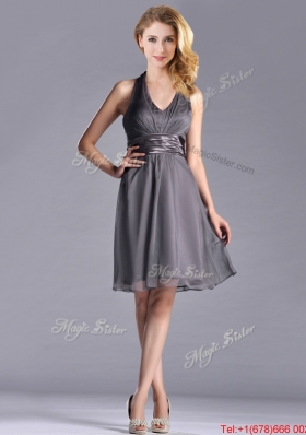 Romantic Chiffon Halter Top Knee Length Christmas Party Dress in Grey