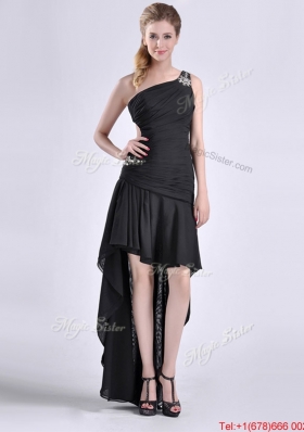 Romantic High Low One Shoulder Black Christmas Party Dress with Criss Cross