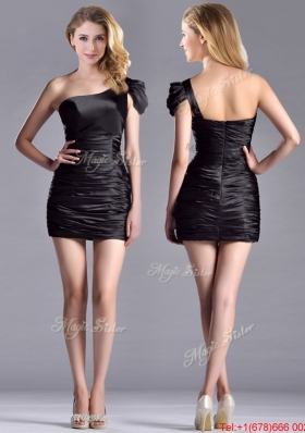 Sexy Column Ruched One Shoulder Black Christmas Party Dress in Taffeta