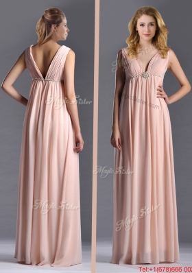 Simple Empire Chiffon Ruching Long Pink Mother of Bride Dress with V Neck