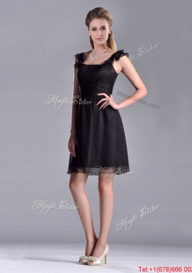 Simple Empire Square Chiffon Black Christmas Party Dress with Cap Sleeves