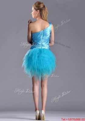 Wonderful One Shoulder Ruched and Ruffled Aqua Blue Christmas Party Dress in Tulle