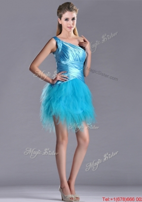 Wonderful One Shoulder Ruched and Ruffled Aqua Blue Christmas Party Dress in Tulle