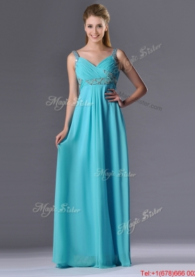 Beautiful Empire Aqua Blue Long Christmas Party Dress with Beading and Ruching