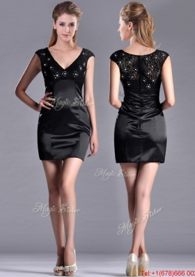 Classical V Neck Satin and Lace Christmas Party Dress with Cap Sleeves