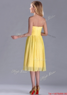 Discount Pleated Yellow Chiffon Prom Dress in Tea Length